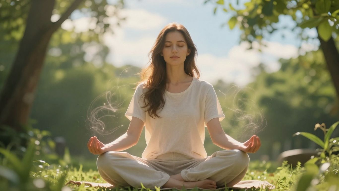 Personne méditant dans un cadre naturel paisible et lumineux.