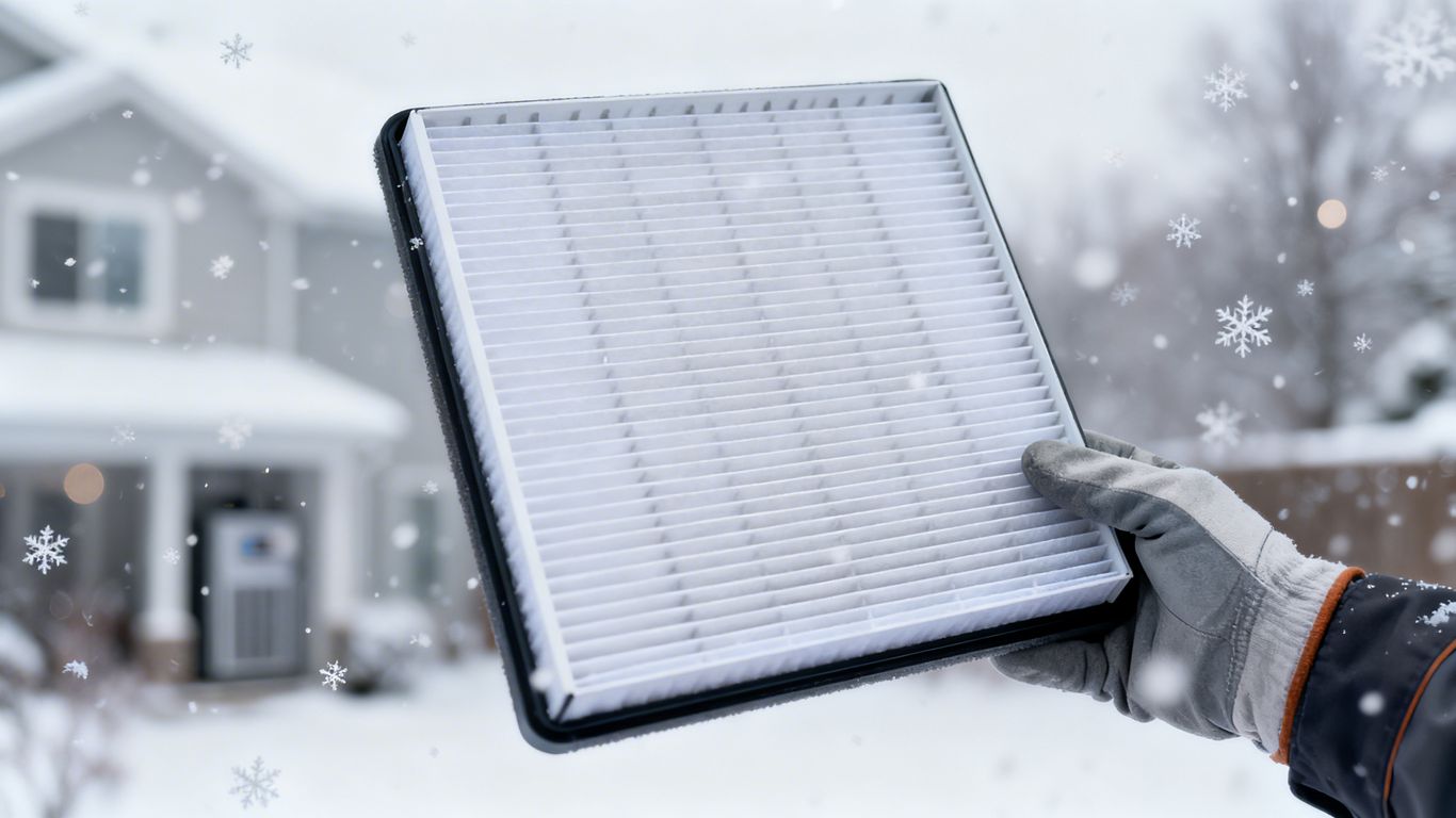HVAC technician servicing furnace in winter home.