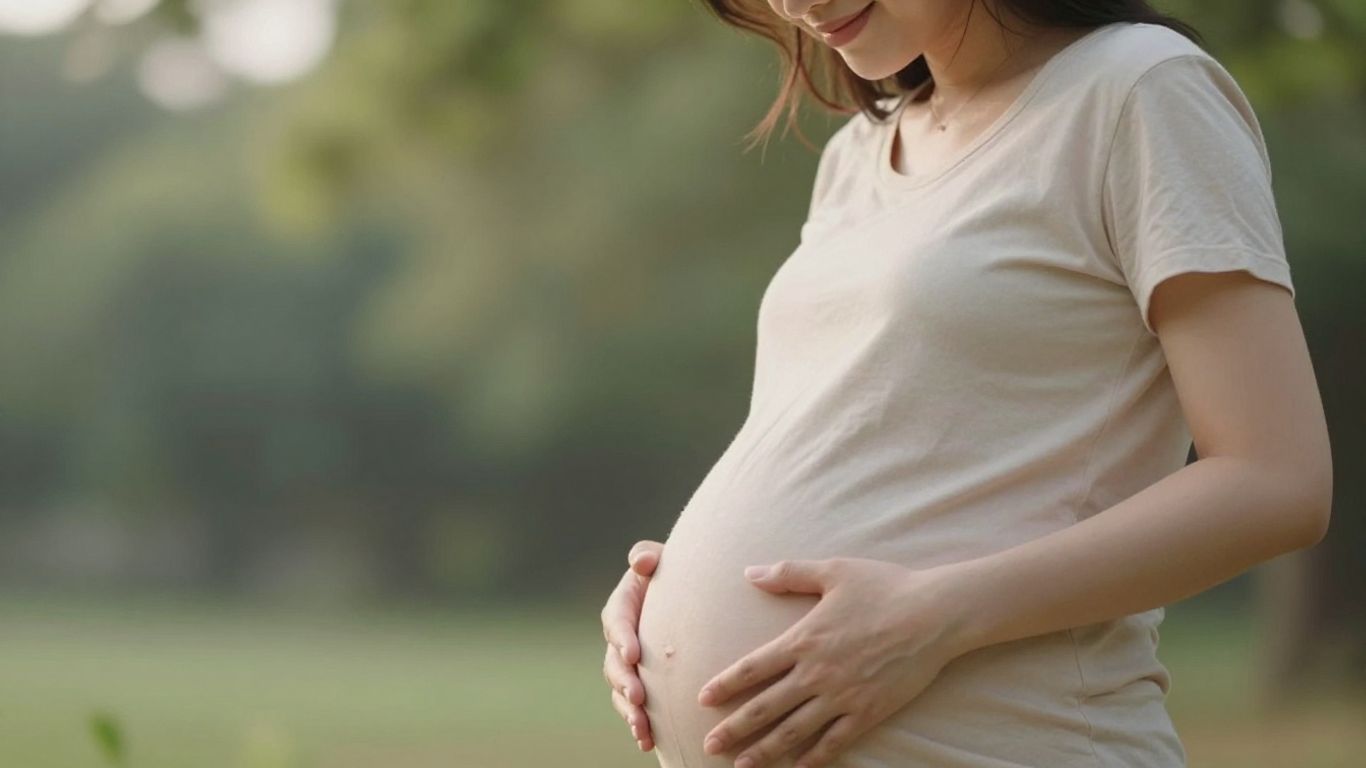 Pregnant woman in second trimester touching her belly.