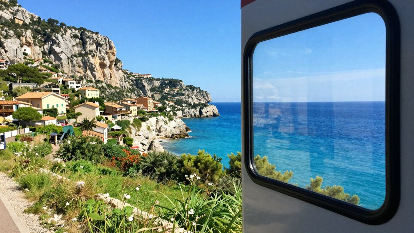 Train traveling along the scenic coast of Southern France.