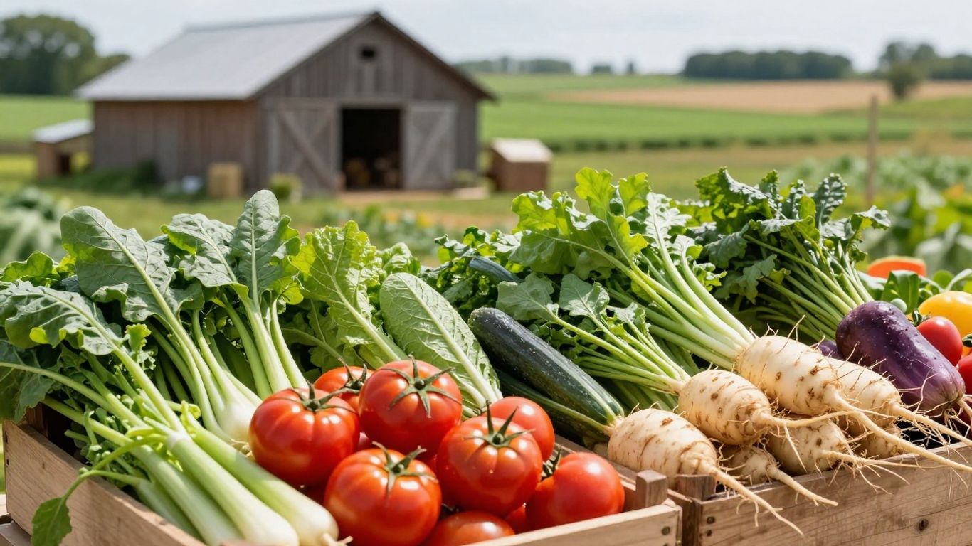 Légumes bio frais dans des caisses sur une ferme locale.