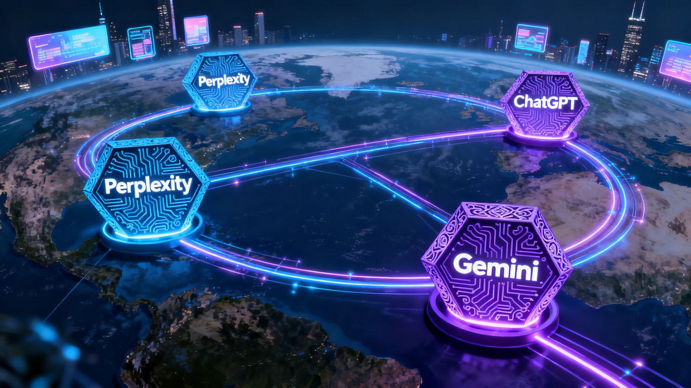AI search engines connecting globally with digital pathways.