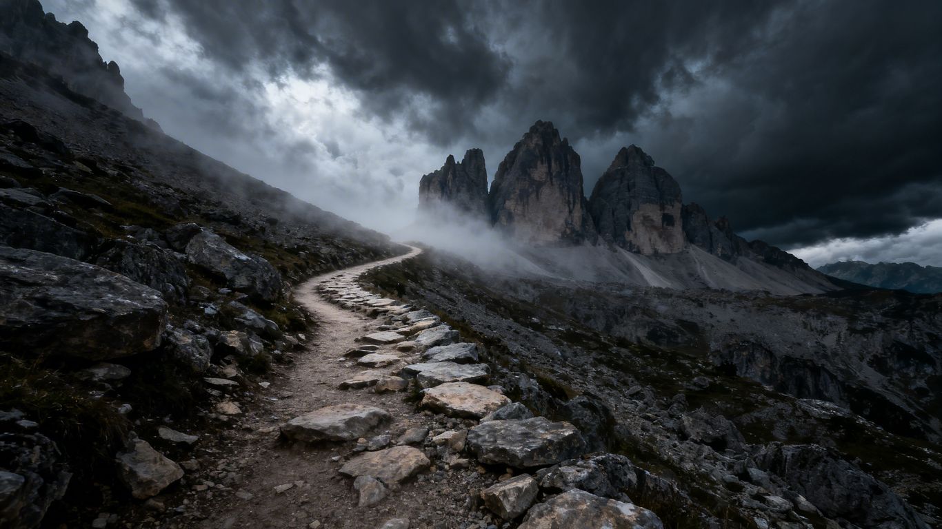 Ethereum's volatile price path with rocky terrain and stormy skies.