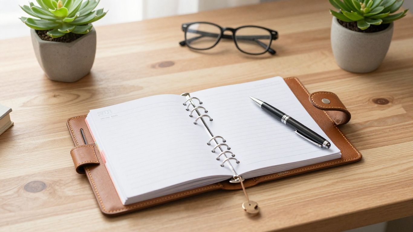 A clean desk with a planner