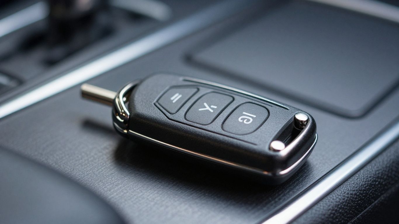 Car key fob close-up in a car interior.