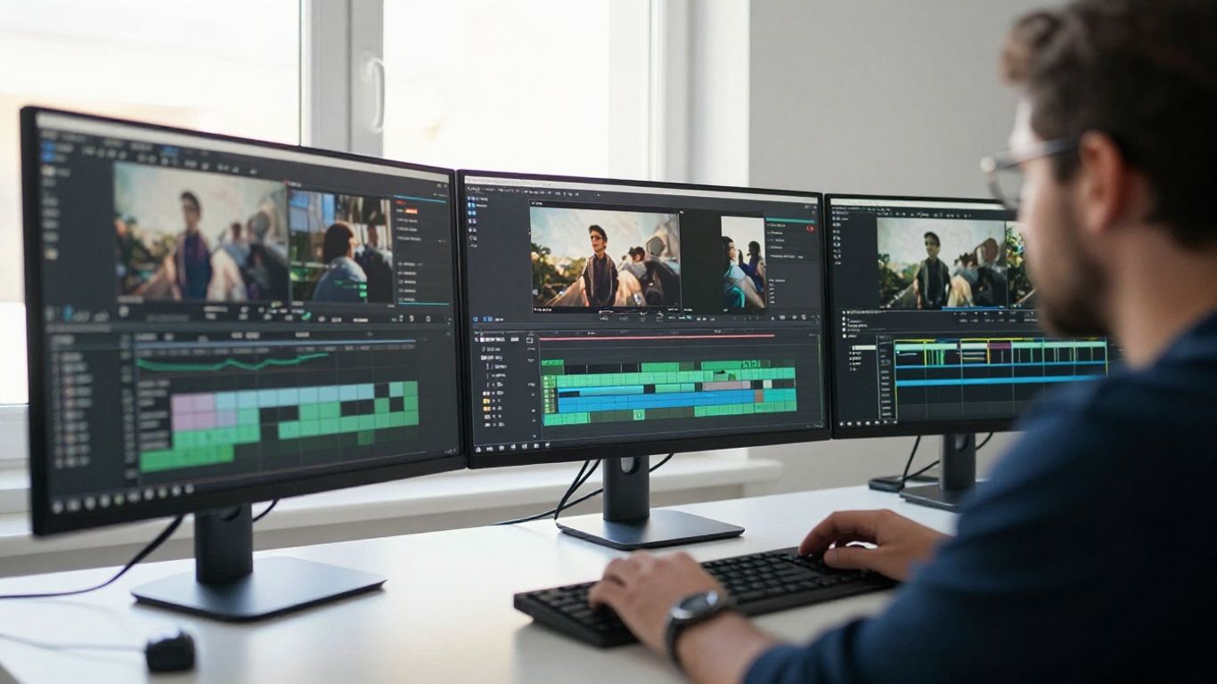 Professional videographer editing in a studio