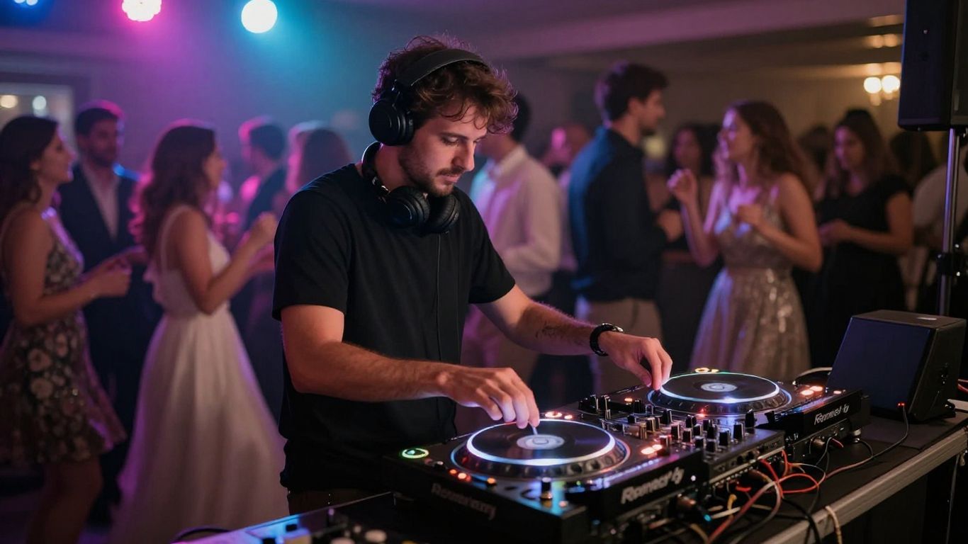 Wedding DJ performing at a reception with dancing guests.