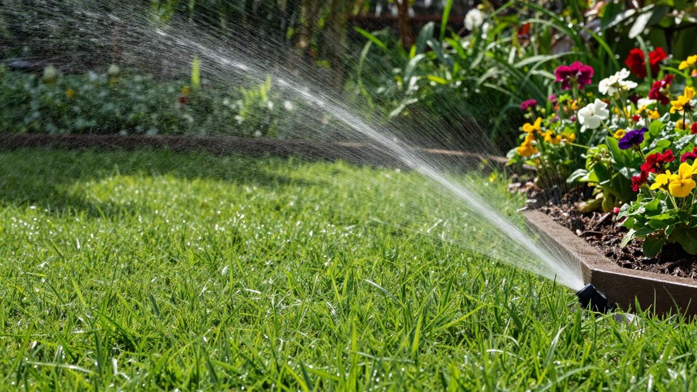 Lush green lawn being watered by sprinklers on a sunny day.