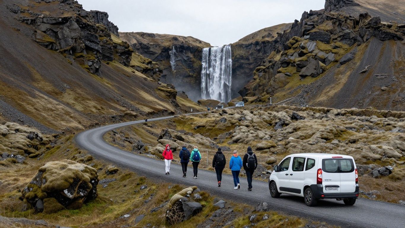 Traveler beside Icelandic mountain road