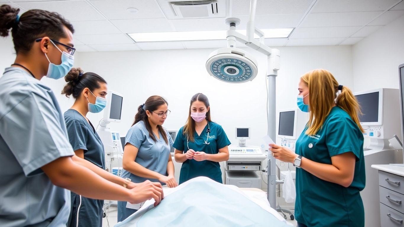 Healthcare students practicing in a lab
