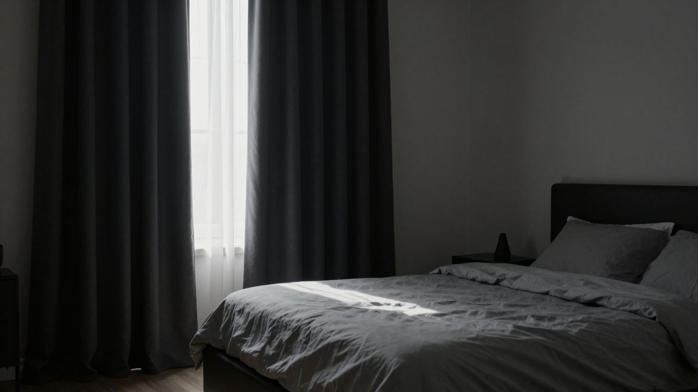 Blackout curtains in a bedroom for Airbnb guests.