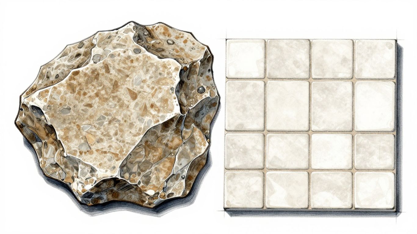 Natural stone versus man-made material sketch comparison.