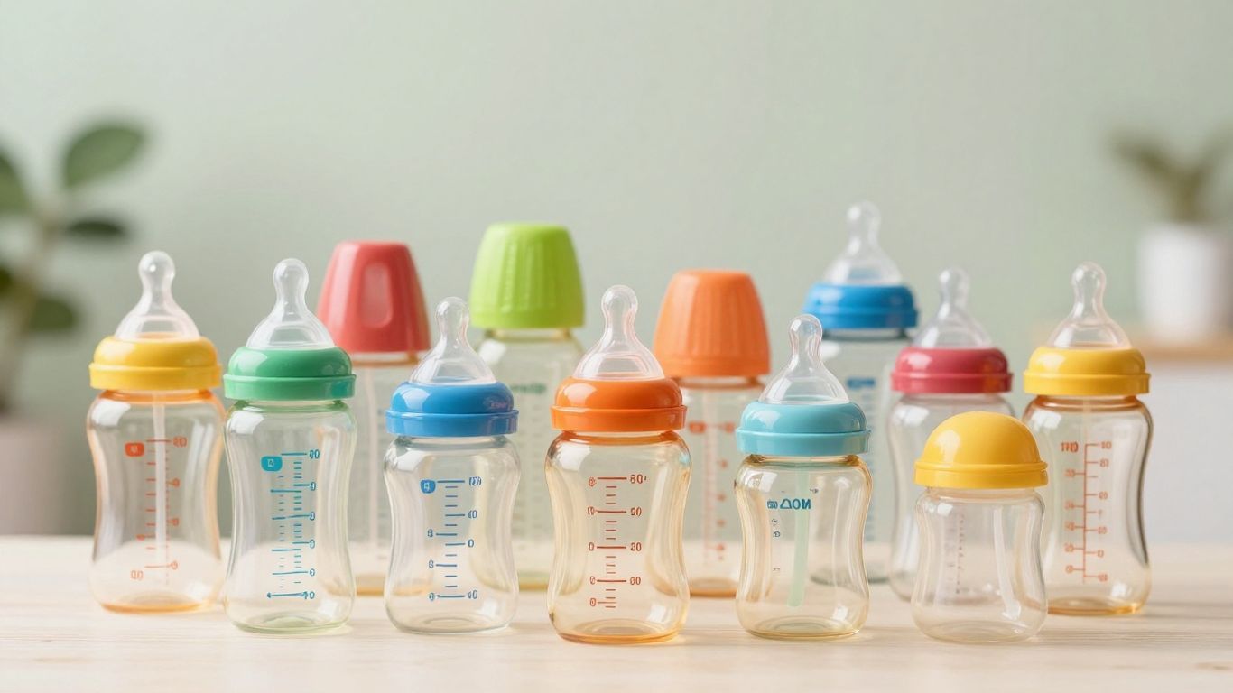 Variedad de biberones para bebé en diferentes colores y tamaños.
