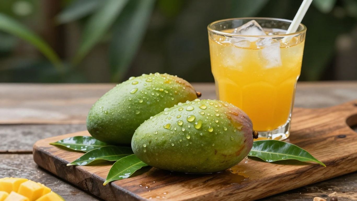 Raw mangoes with juice on a wooden table