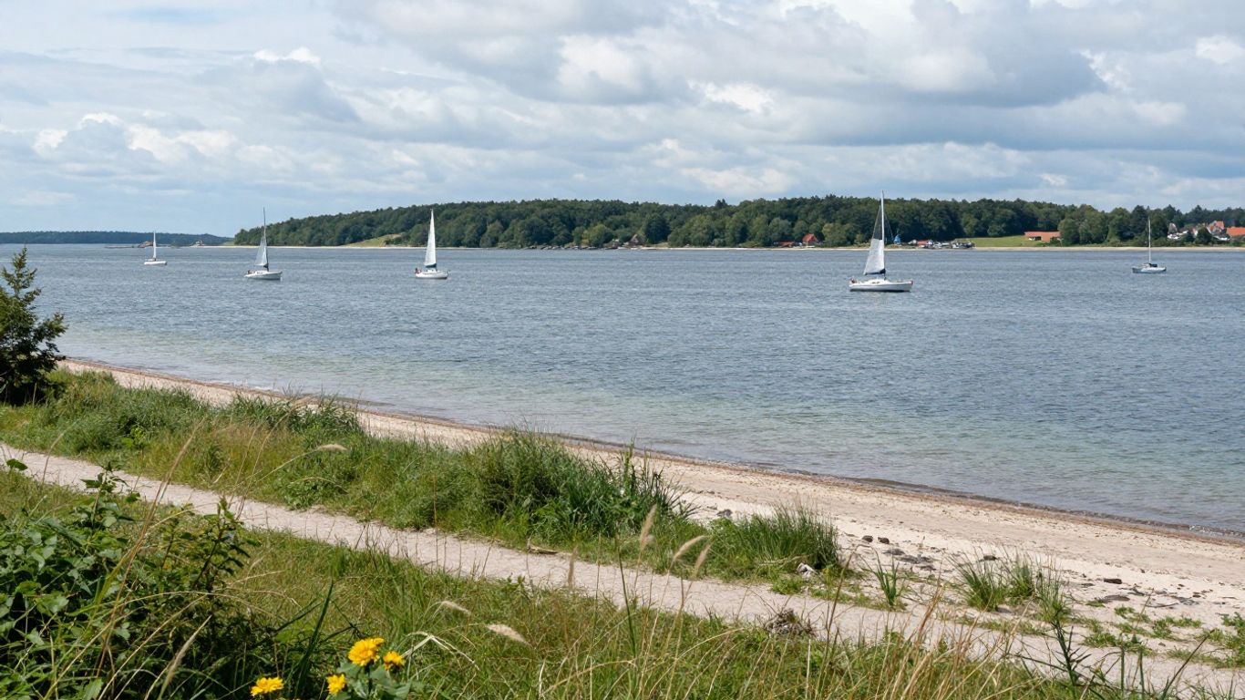 Flensburg Fjord coast with boats and green shores