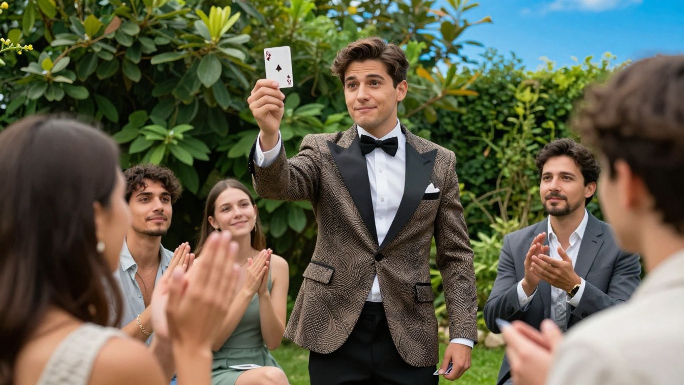 Magician performing card trick at outdoor event.