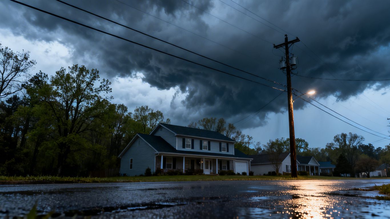 Home with storm clouds and electrical lines in spring