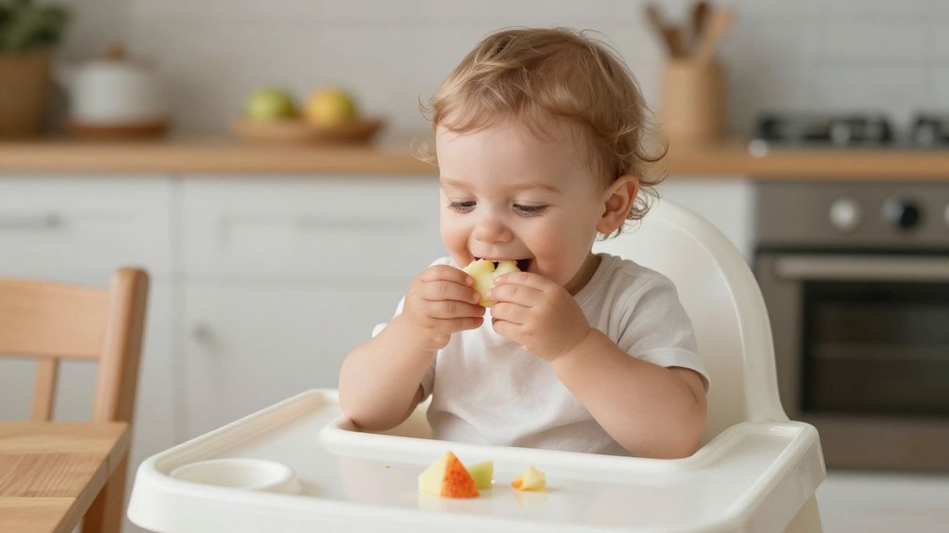 A toddler eating soft fruit in a safe environment