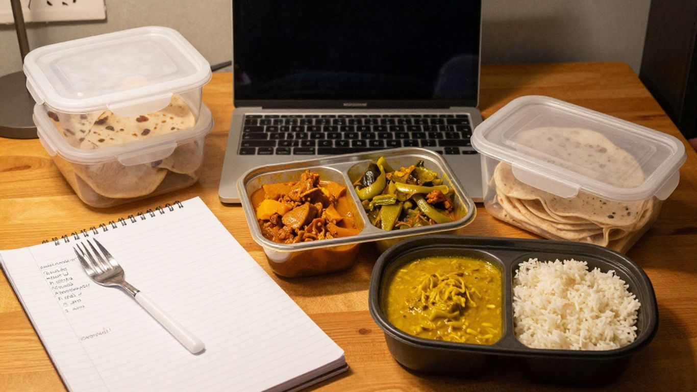 Indian tiffin meals arranged in a student kitchen