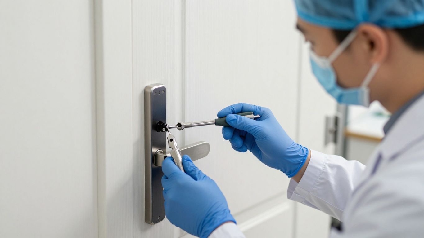 Professional technician examining door lock