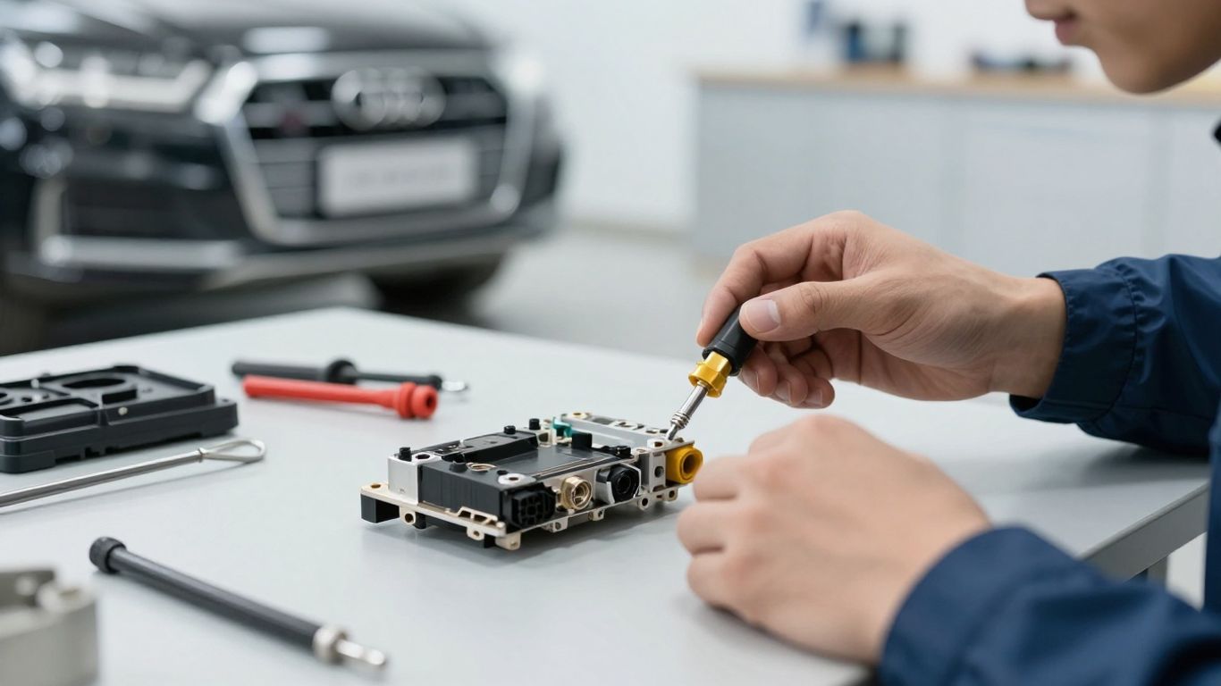 Mechanic checking Audi Q7 replacement component