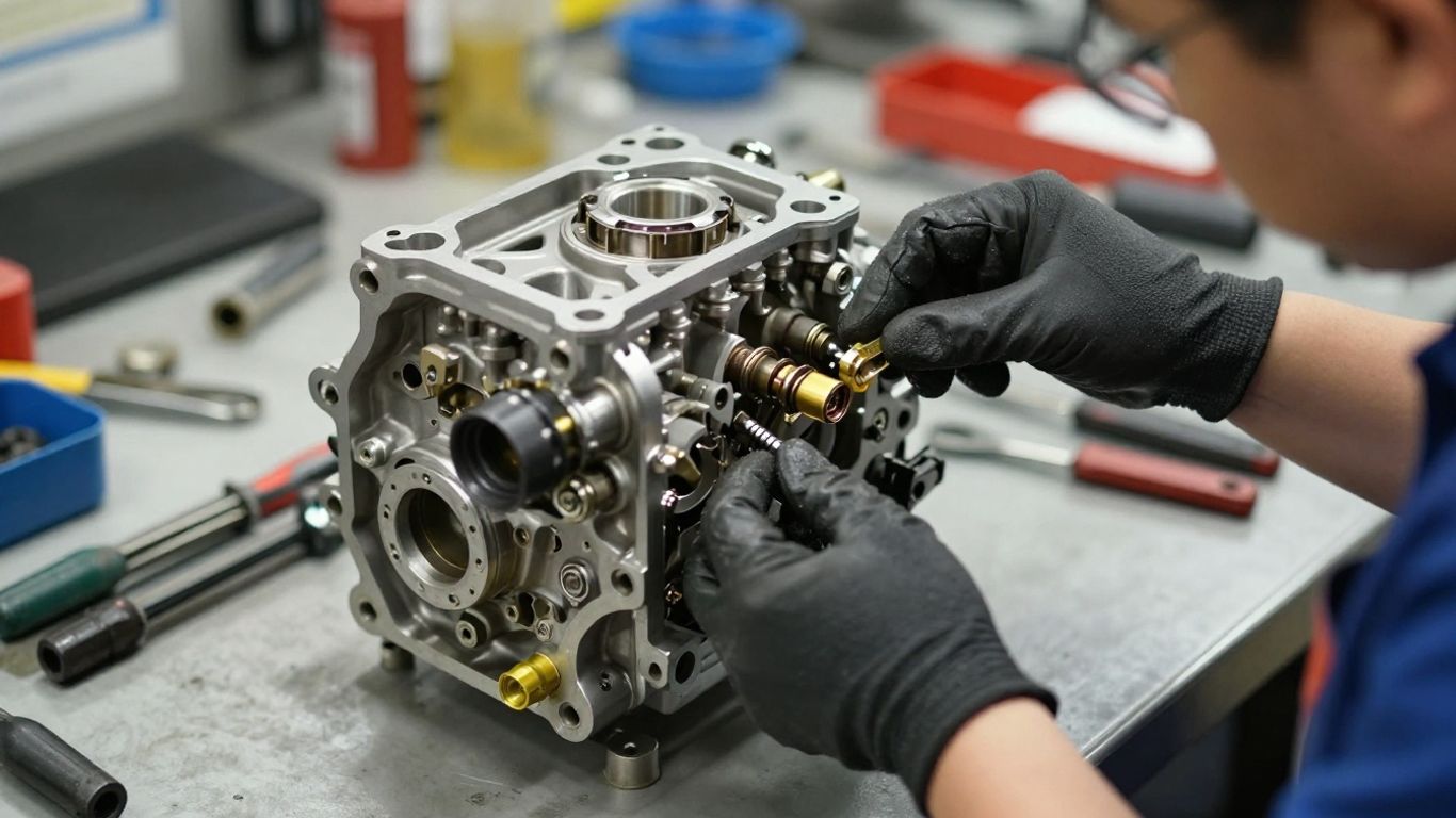 Mechanic inspecting a recycled Nissan engine component
