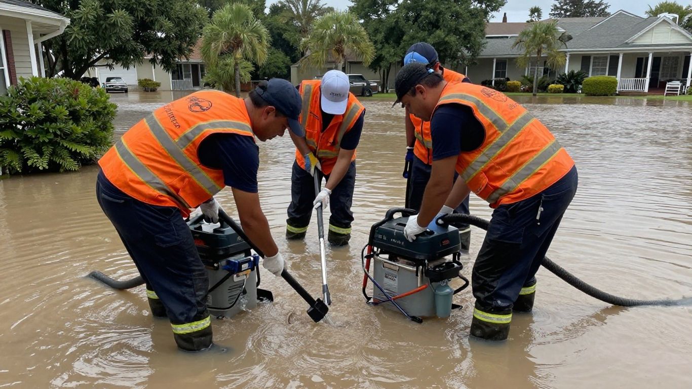 Water removal professionals cleaning a flooded home in Berkeley Lake.