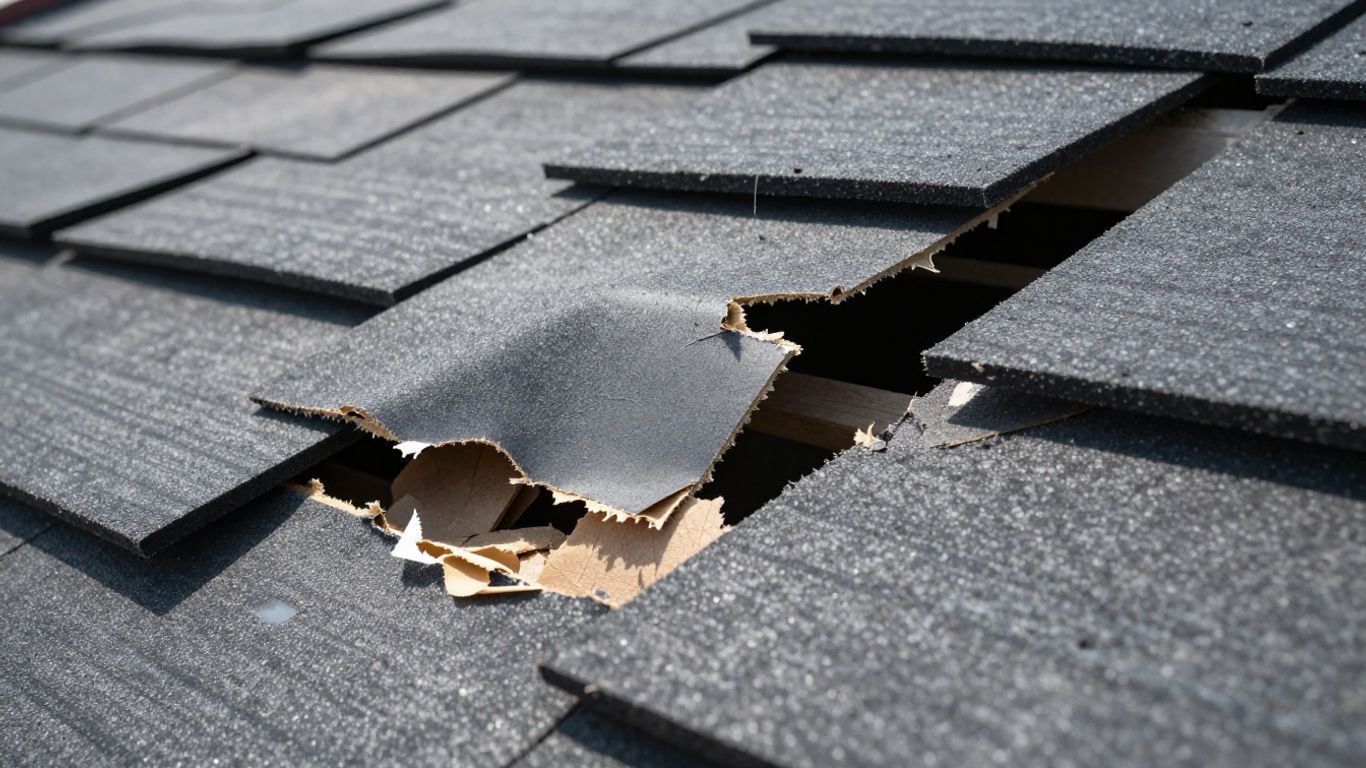 Damaged roof after a storm, showing missing shingles.