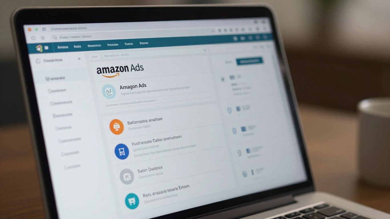 Amazon Ads campaign dashboard on a laptop screen.