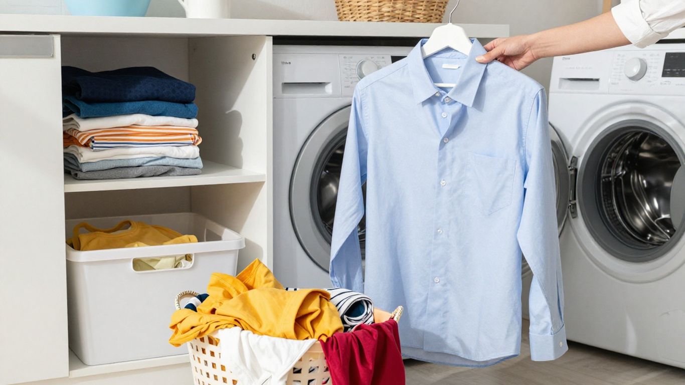 Person smiling with clean, folded laundry.
