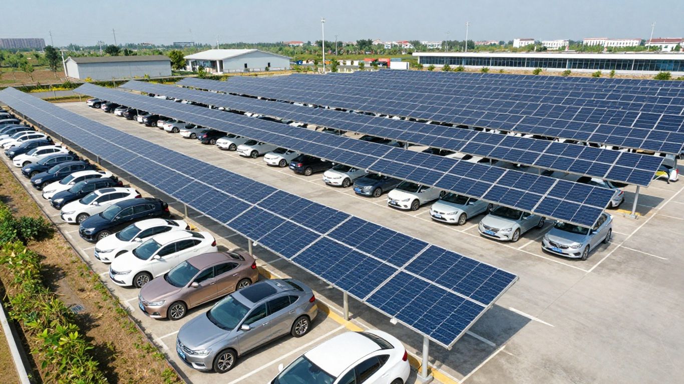 Panneaux solaires sur un parking avec des voitures.