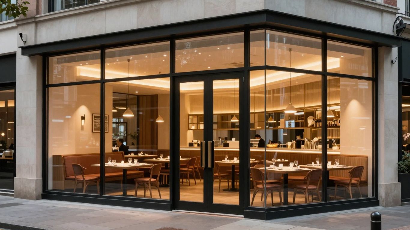 Modern restaurant shopfront with large glass windows.