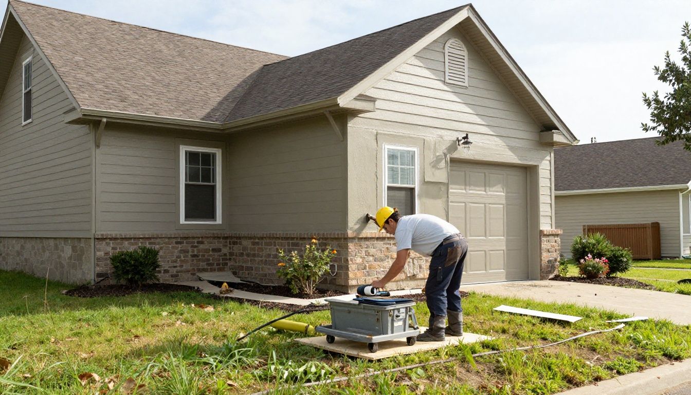 A professional stucco contractor applying a smooth finish to a residential home exterior in a suburban neighborhood.