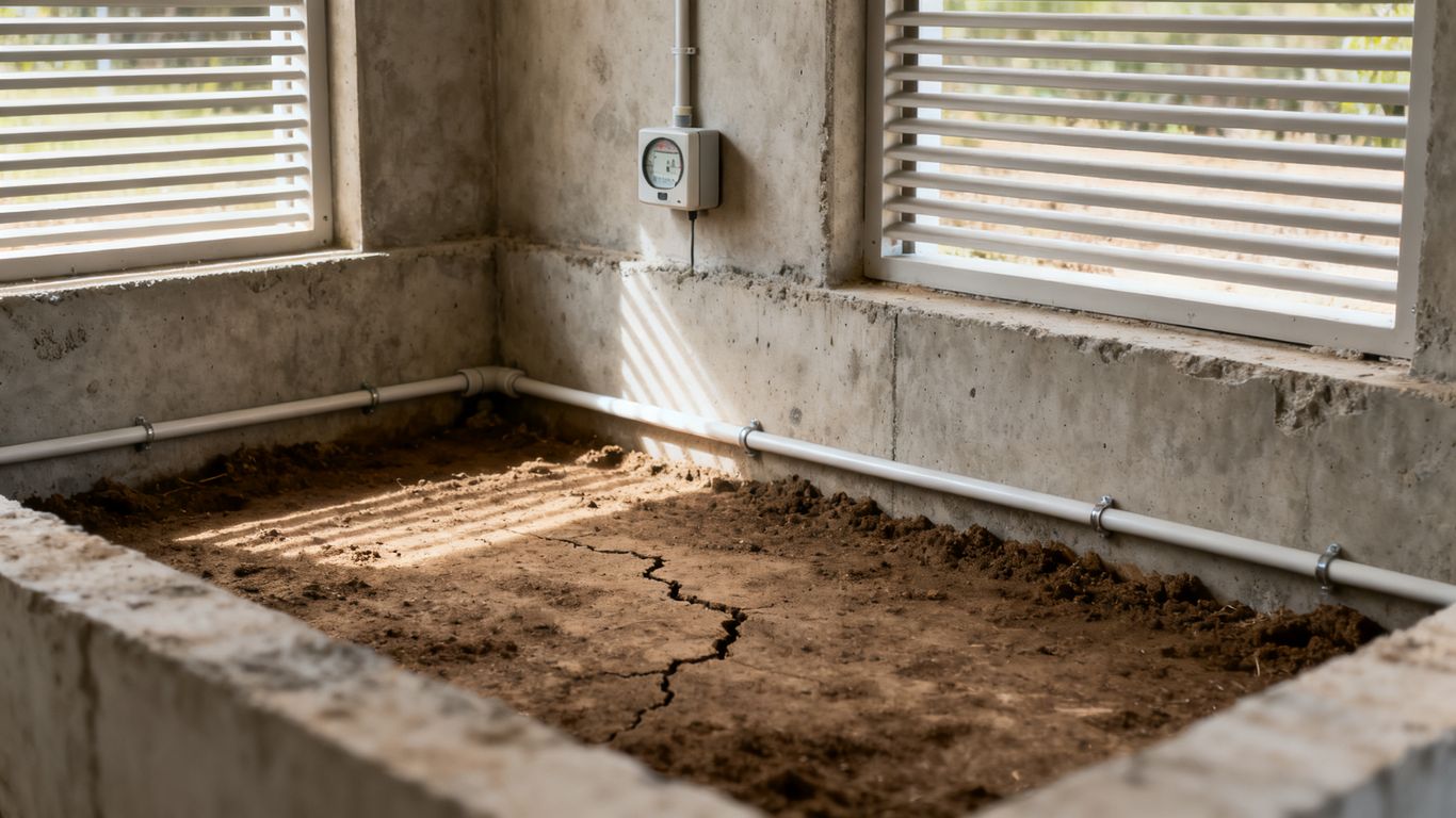 Vue intérieure d’un vide sanitaire avec grilles