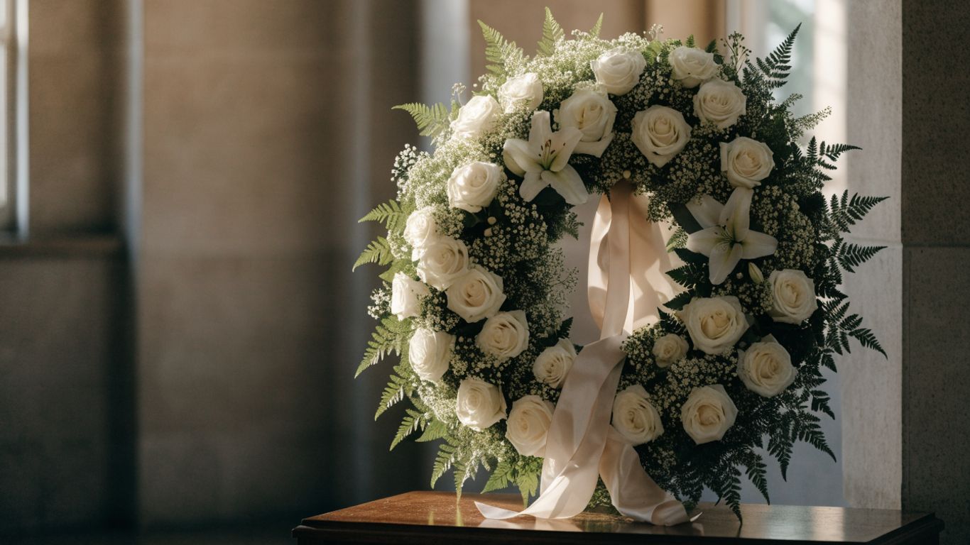 Soft white funeral wreath with gentle greenery
