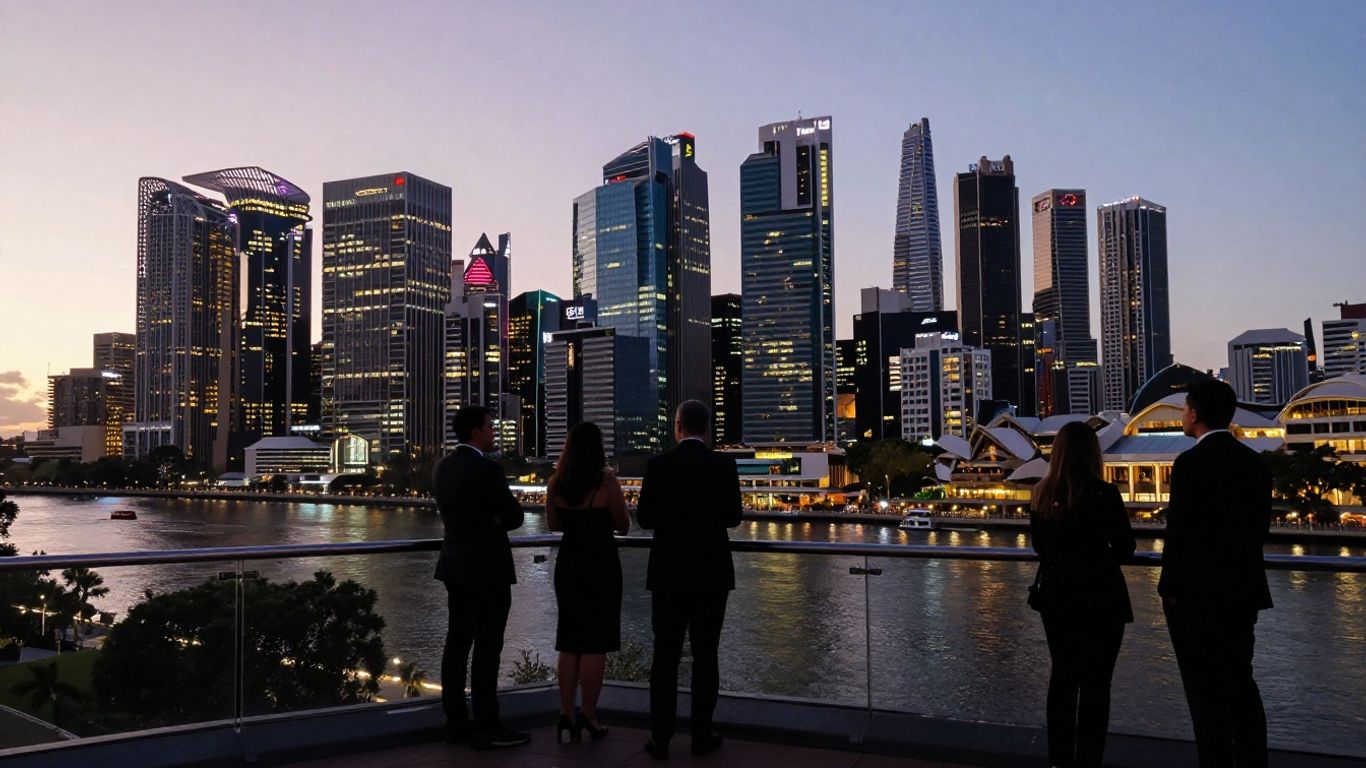 Australian cityscape at dusk with wealthy individuals overlooking.