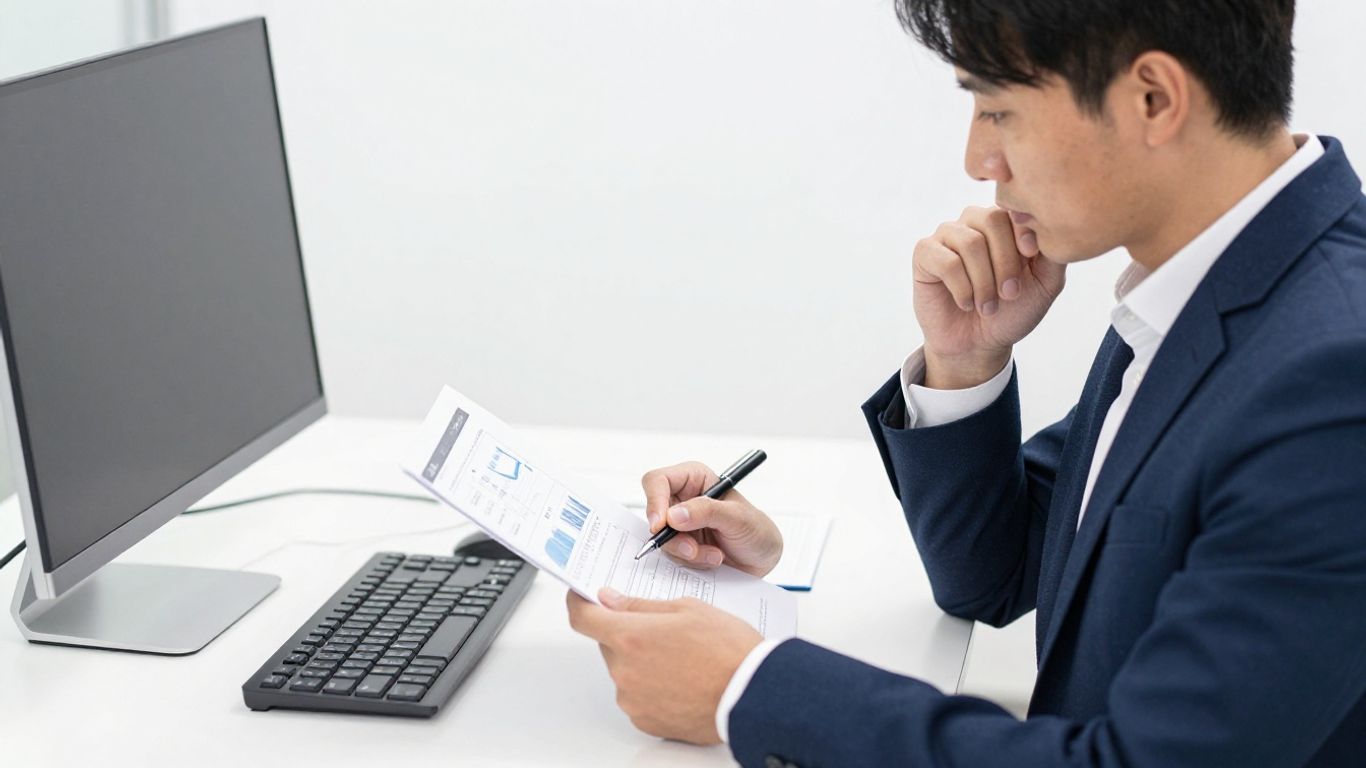 Arbeitgeber prüft Finanzdokumente mit blauen Akzenten.