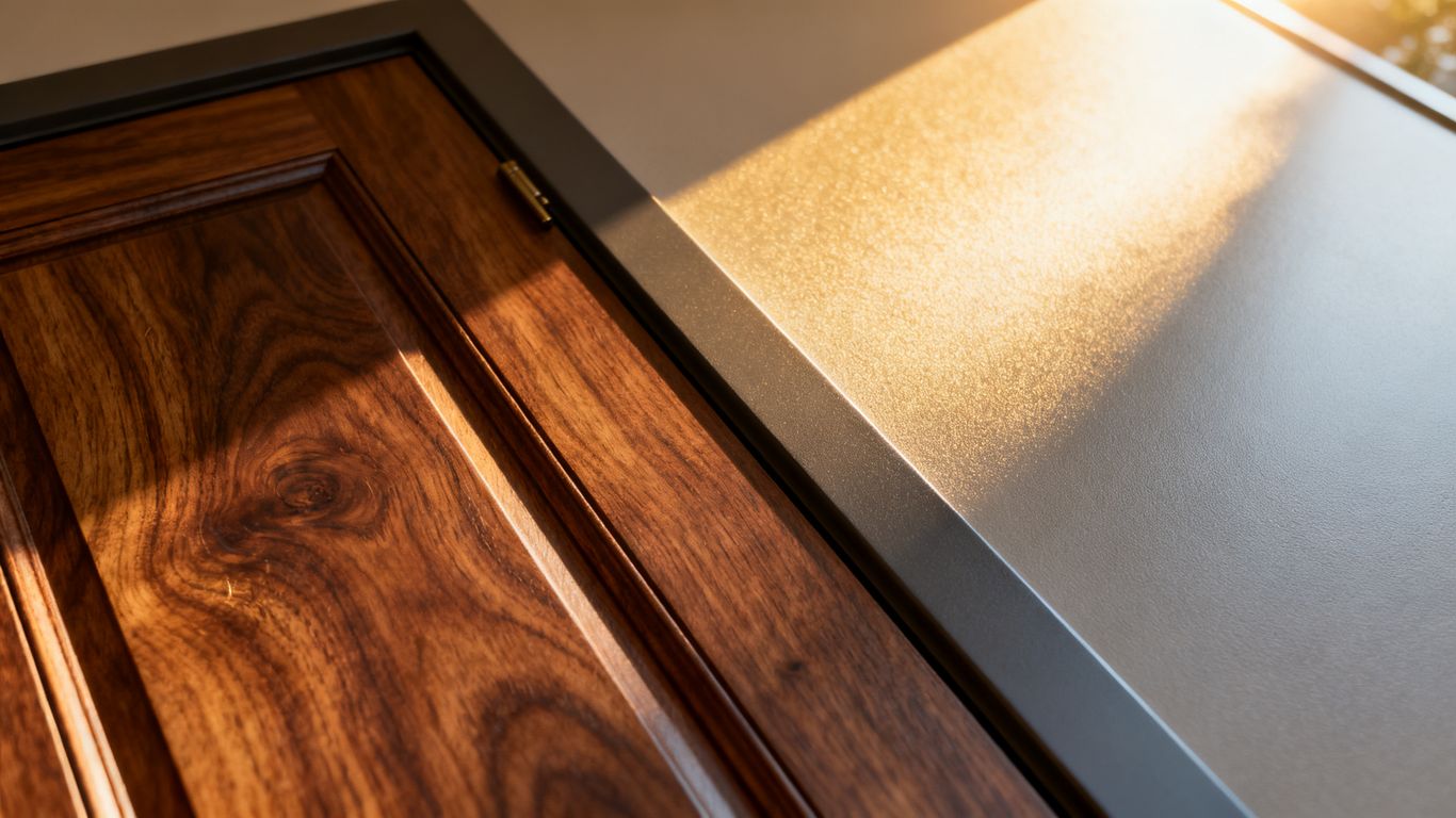 Entry door material comparison showing wood grain and finish