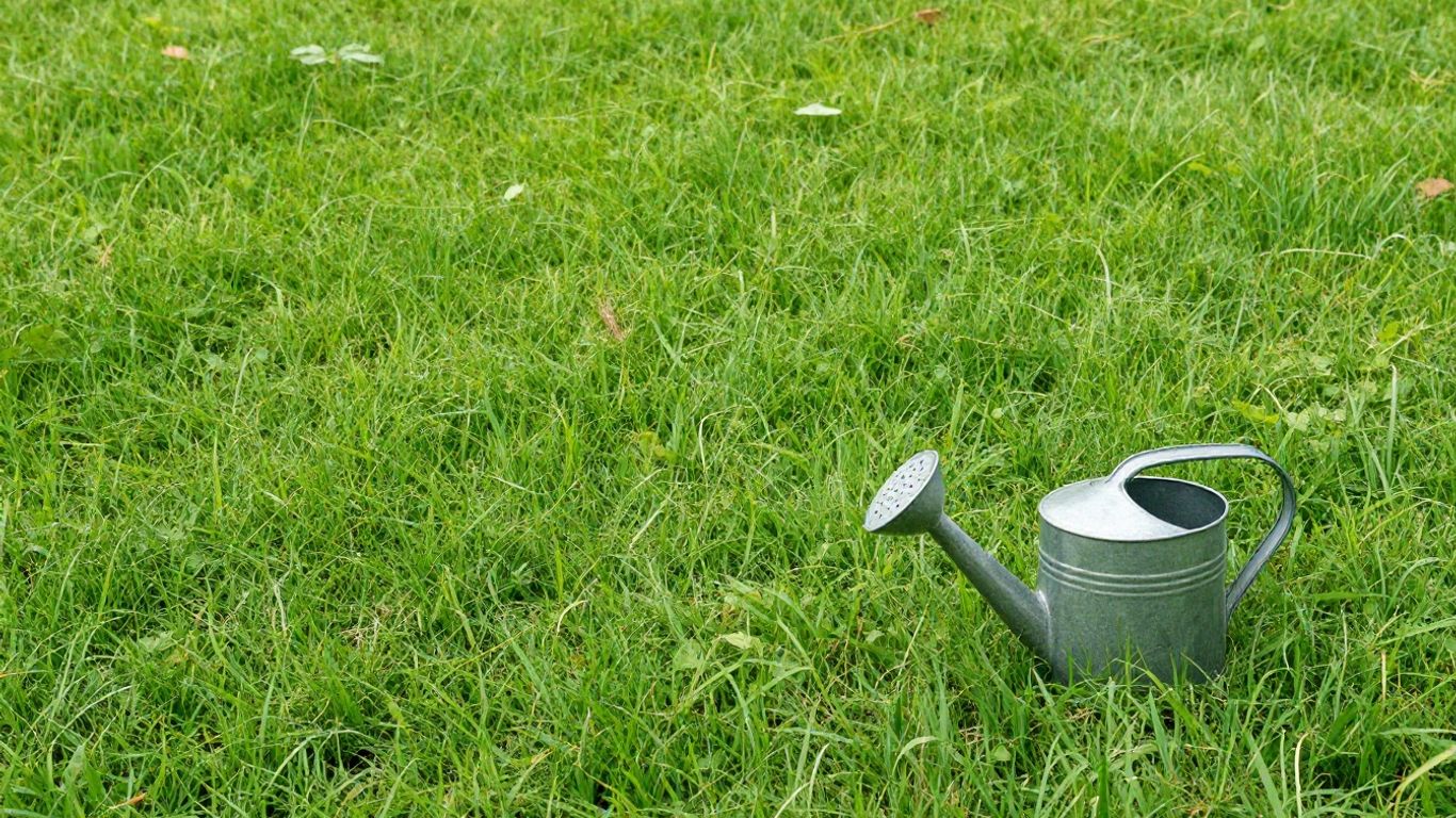 Grüner Rasen mit kleiner Gießkanne im Garten