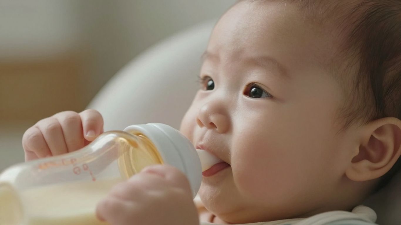 Bebé feliz con un biberón de leche.