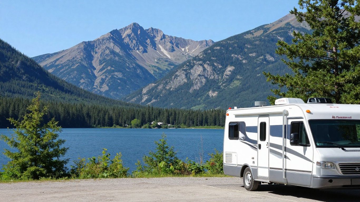 RV parked by a lake in the Canadian wilderness.