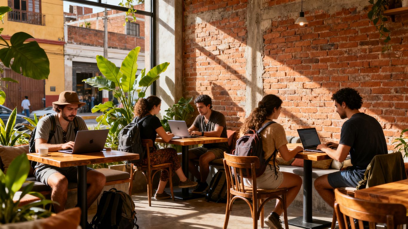 Bright coworking lounge with travelers Medellín