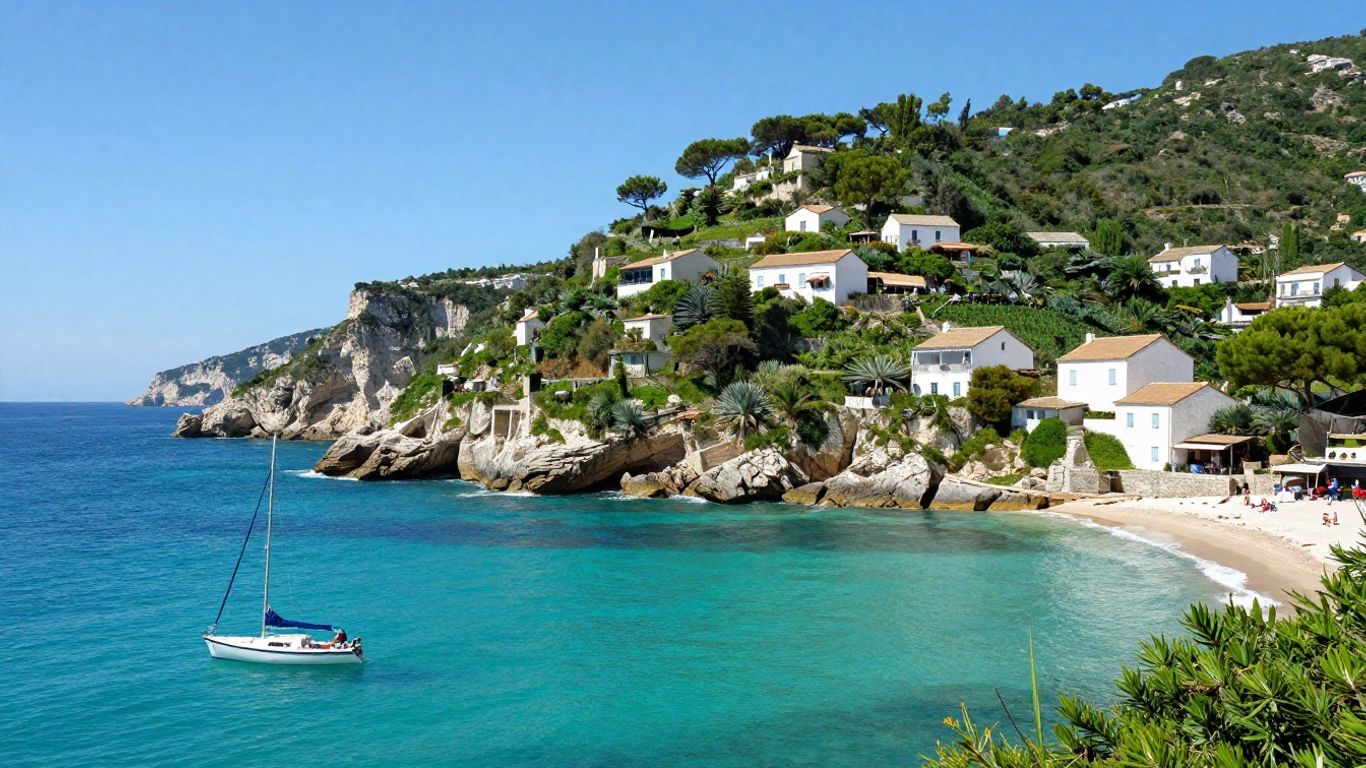Scenic French coast with villages and clear blue water.