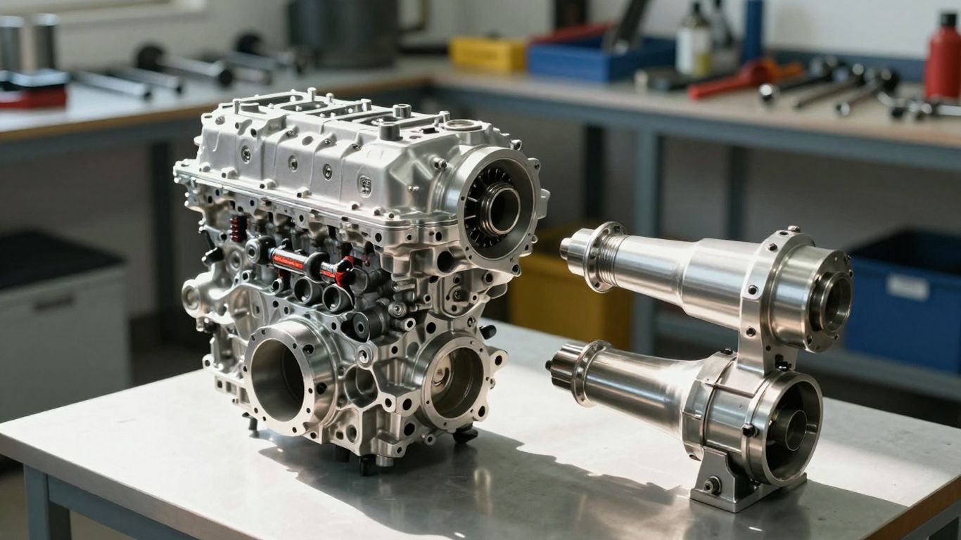 Skoda engine and gearbox in a workshop