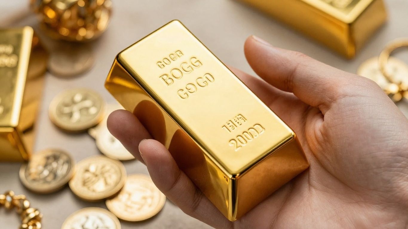 Een gouden hand die een staaf puur goud vasthoudt.