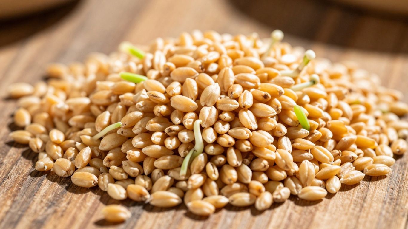 Dalia grains with sprouts on a wooden surface.