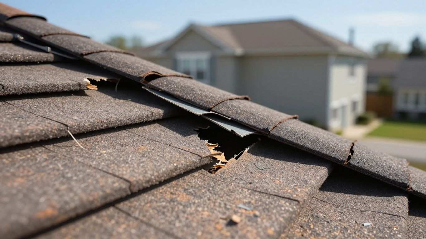 Damaged roof shingles after a storm.