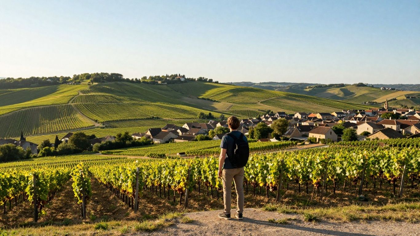 Solo traveler overlooking French village and vineyards.