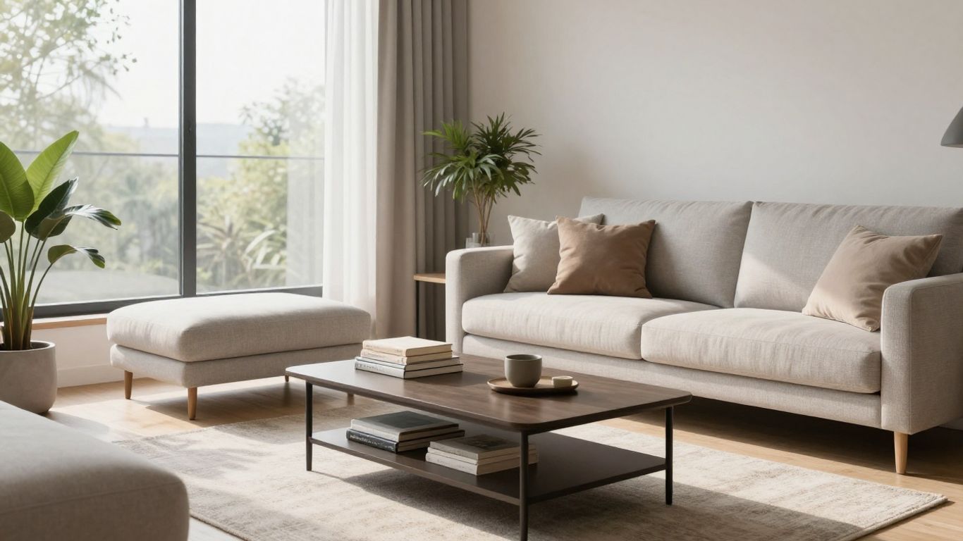 Sala de estar luminosa con sofá cómodo y mesa de centro.