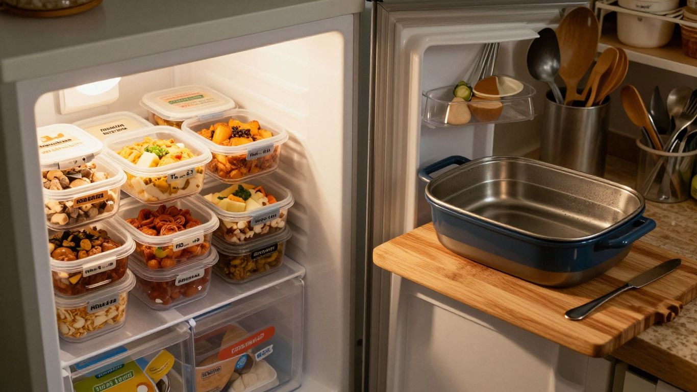 Reheating Indian meals beside a tidy freezer
